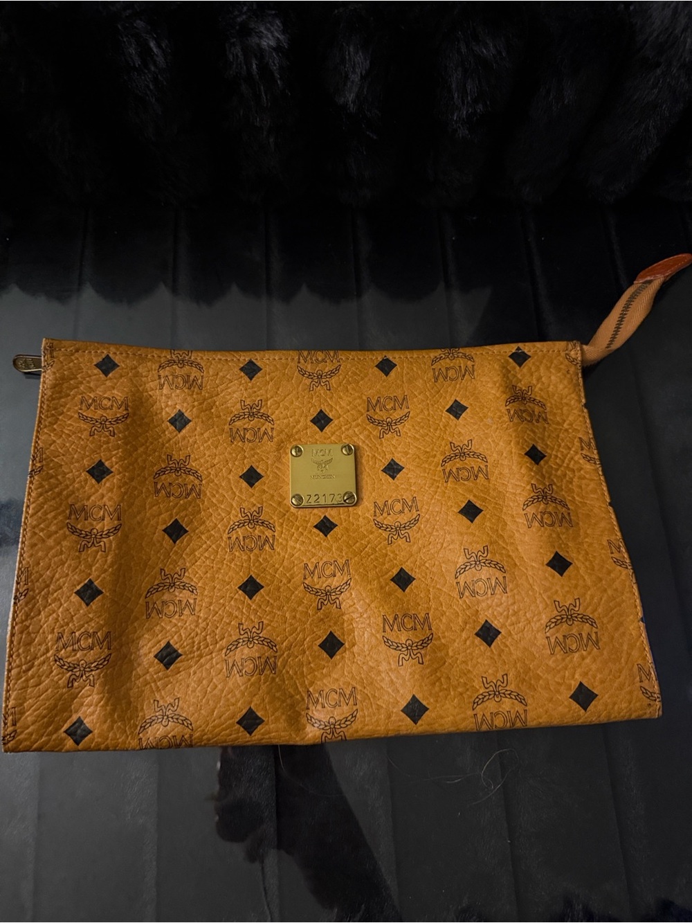 MCM Vintage Visetos Monogram Zip Pouch Clutch Monogram Wristlet Clutch in Brown